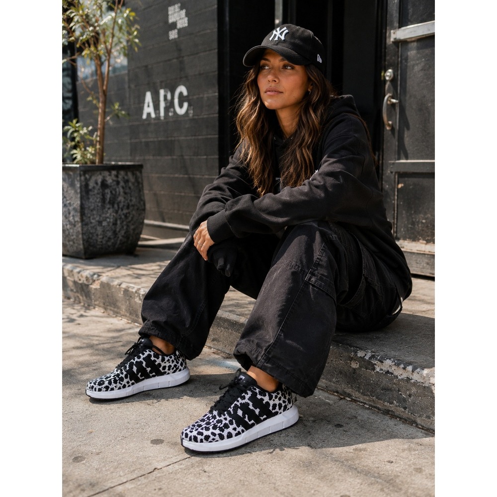 NWOT Adidas Size 8.5 Swift Run Sneakers Black White Leopard Print #1281